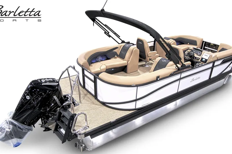 Slide: The Image of 2026 Barletta Cabrio 22QC pontoon boat with luxurious seating and modern design. - 2