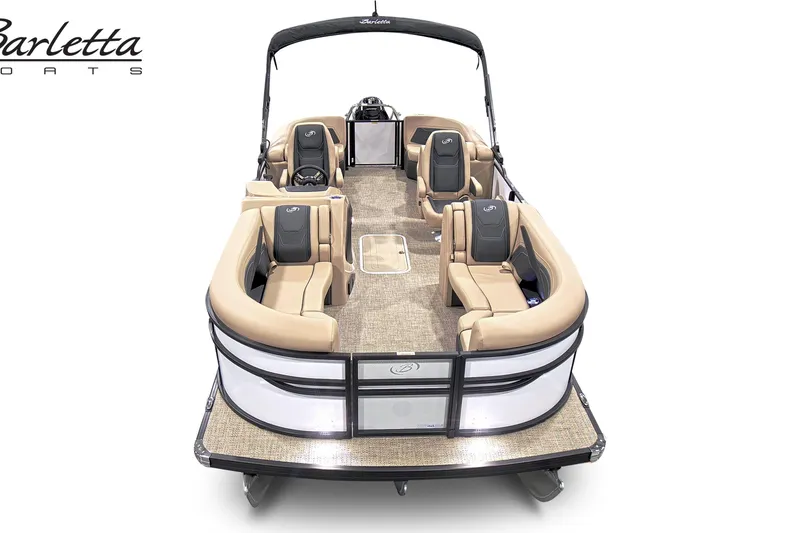 Slide: The Image of 2026 Barletta Cabrio 22QC pontoon boat with beige seating and sleek design. - 3