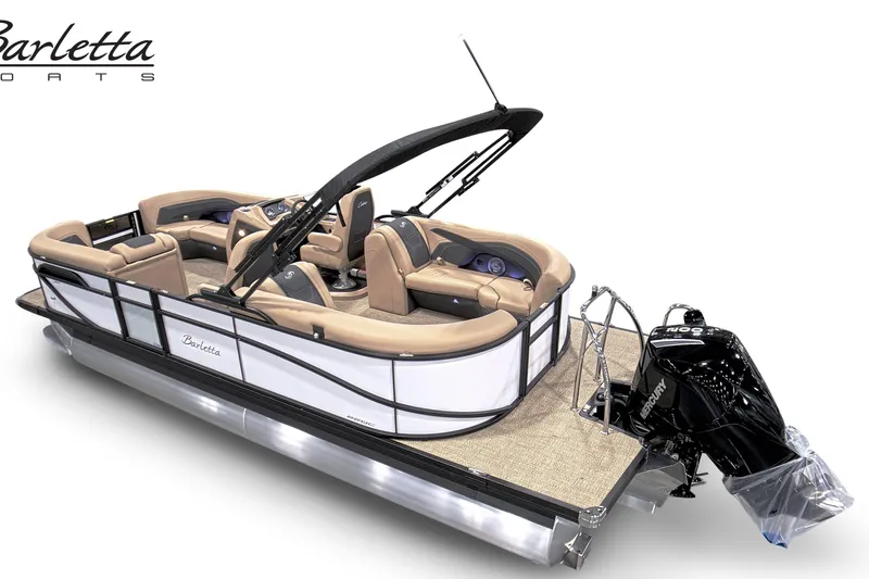 Slide: The Image of 2026 Barletta Cabrio 22QC pontoon boat with luxurious seating and powerful outboard motor. - 4