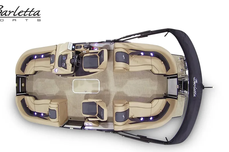 Slide: The Image of 2026 Barletta Cabrio 22QC pontoon boat, top view, luxurious seating, beige interior. - 6