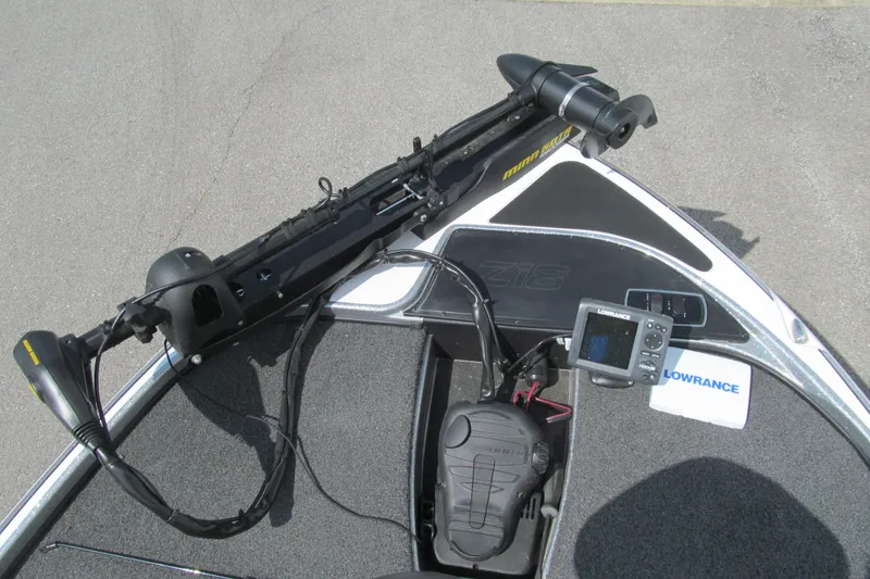 Slide: The Image of 2017 Nitro Z18 boat deck with trolling motor and Lowrance fish finder. - 9