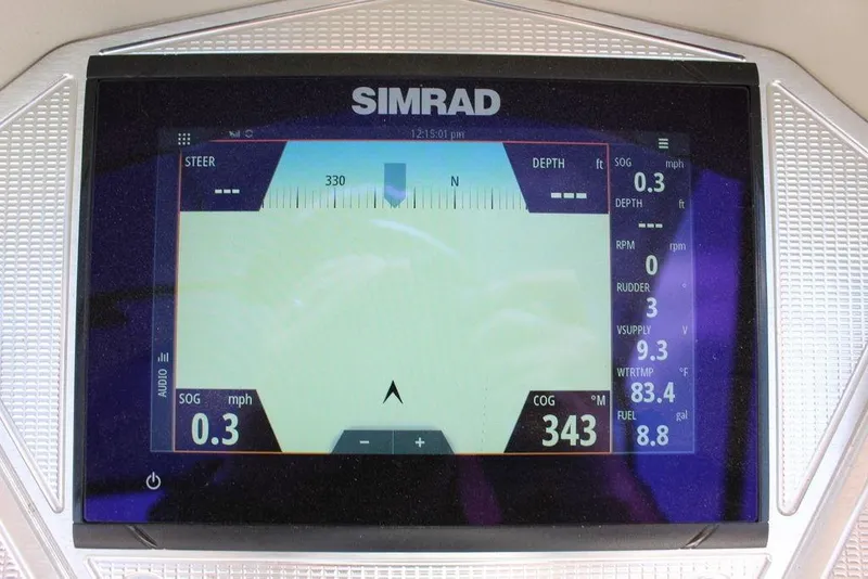 Slide: The Image of Simrad display on 2019 Crest Savannah 250 SLRC showing navigation and performance data. - 19