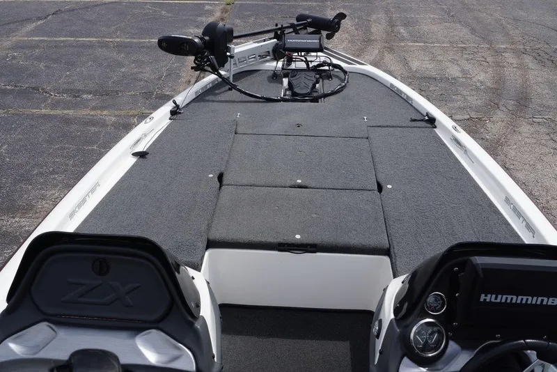 Slide: The Image of 2013 Skeeter ZX190 boat deck with fishing equipment and Humminbird electronics. - 17