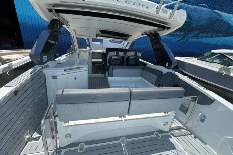 Slide: The Image of Interior view of 2022 Galeon 325 GTO luxury yacht with seating and modern design. - 2
