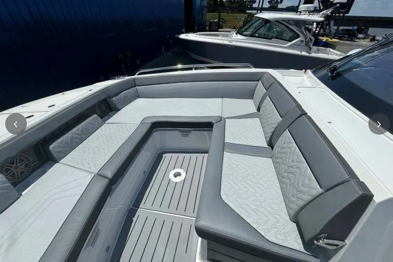 Slide: The Image of 2022 Galeon 325 GTO boat interior with spacious seating and modern design. - 6