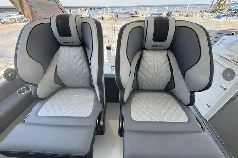 Slide: The Image of Luxury seating on 2022 Galeon 325 GTO yacht, featuring modern design and comfort. - 9