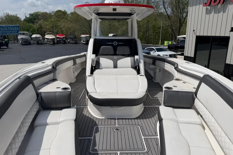 Slide: The Image of 2018 Fountain 39 NX boat interior with luxurious seating and modern design. - 26