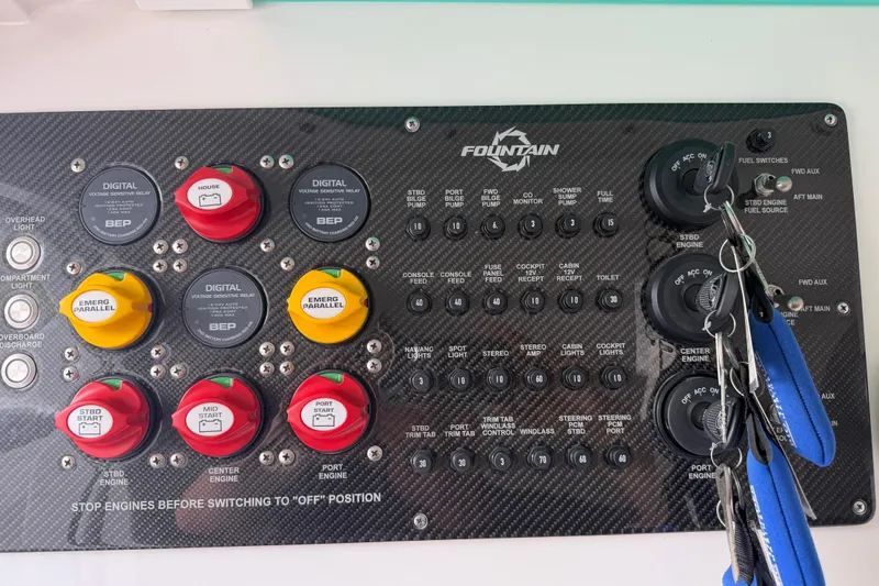 Slide: The Image of Control panel of a 2018 Fountain 39 NX boat with switches and keys. - 36