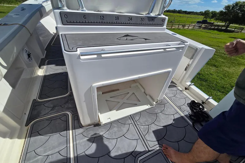 Slide: The Image of 2021 Streamline 35 CC boat interior with luxurious seating and scenic water view. - 20