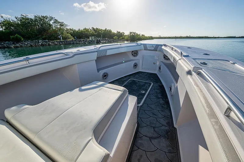 Slide: The Image of Luxurious 2021 Streamline 35 CC boat interior with spacious seating and scenic water view. - 25
