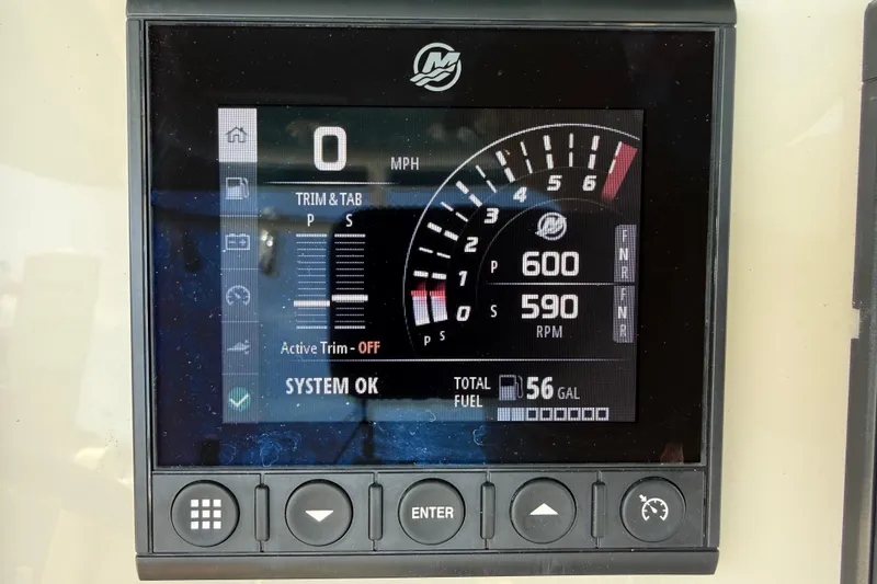 Slide: The Image of Digital display panel of a 2023 Boston Whaler 280 Outrage boat showing speed, RPM, and fuel. - 14