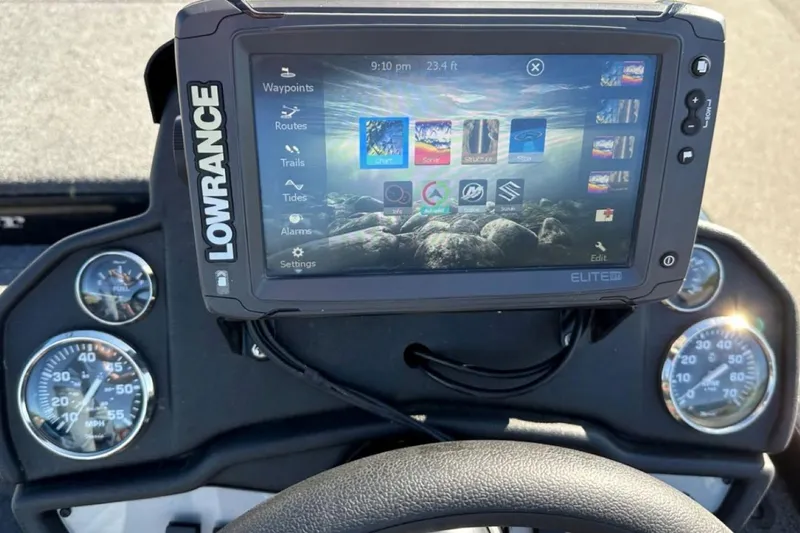 Slide: The Image of Dashboard of a 2021 Ranger RT178 boat with Lowrance Elite fishfinder display. - 37