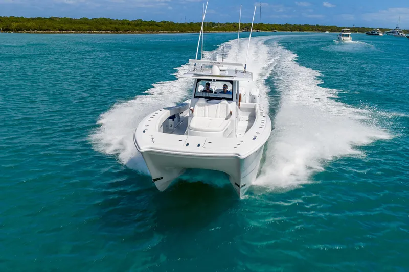 Slide: The Image of 2025 Freeman 43 boat cruising on clear blue water, showcasing sleek design and speed. - 10