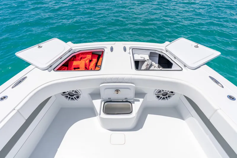 Slide: The Image of Freeman 43 boat deck with open storage compartments, life jackets visible, 2025 model. - 47