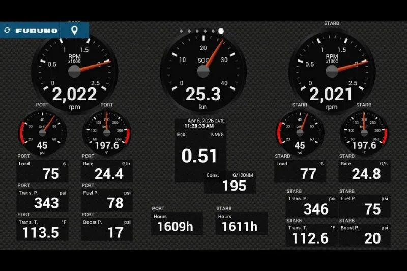 Slide: The Image of Dashboard of a 2005 Egg Harbor 43 SportYacht displaying engine and navigation metrics. - 11