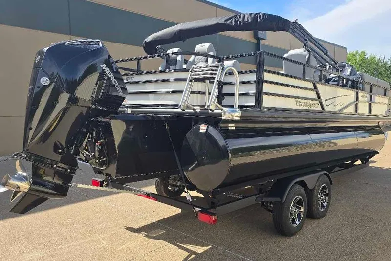 Slide: The Image of 2026 Ranger 223FC pontoon boat with Mercury outboard engine on trailer. - 5