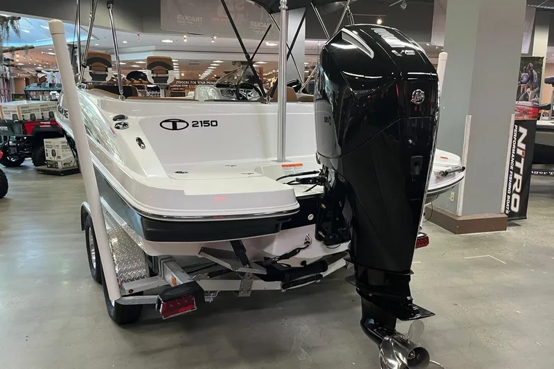 Slide: The Image of 2026 Tahoe 2150 boat with powerful outboard motor displayed indoors. - 5