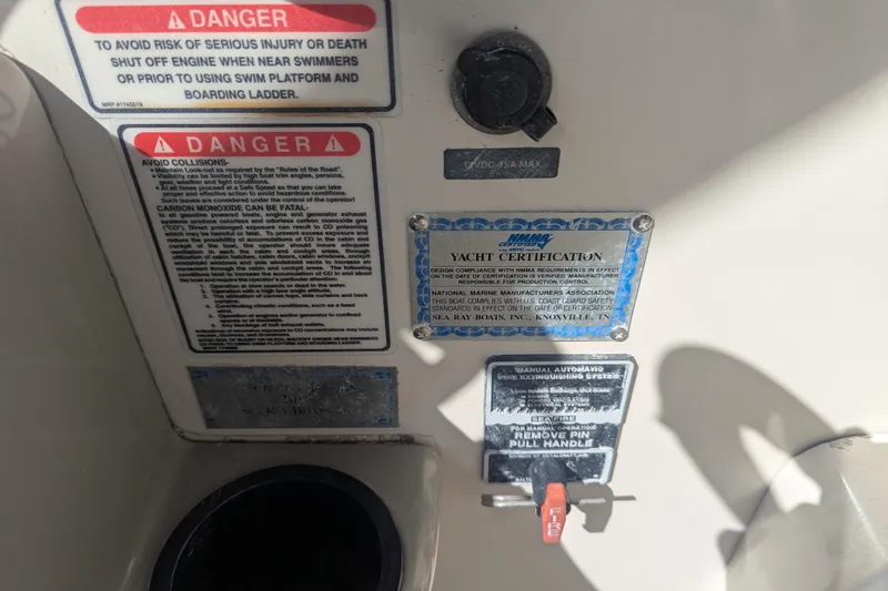 Slide: The Image of Safety and certification labels on a 2005 Sea Ray 290 Amberjack boat. - 24