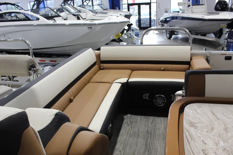 Slide: The Image of Luxurious interior of 2026 Avalon 2585 25 Catalina ENT pontoon boat in showroom. - 9
