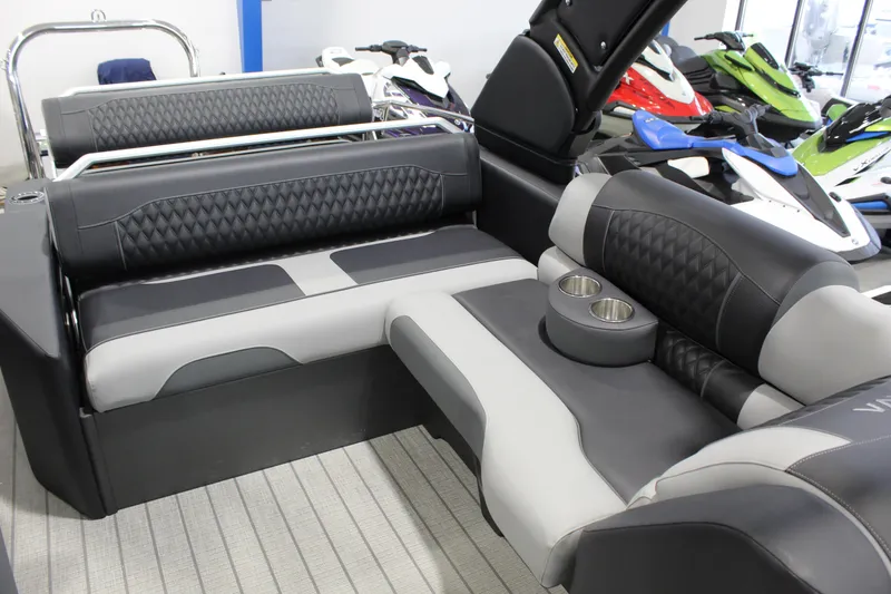 Slide: The Image of Luxurious seating on 2026 Avalon 2585 27-3 Excalibur LTD FL boat, featuring cup holders. - 5