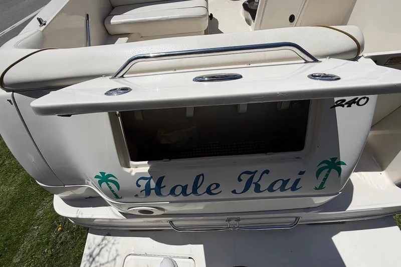 Slide: The Image of 2002 Sea Ray 240 Sundancer boat with "Hale Kai" name and palm tree graphics. - 5