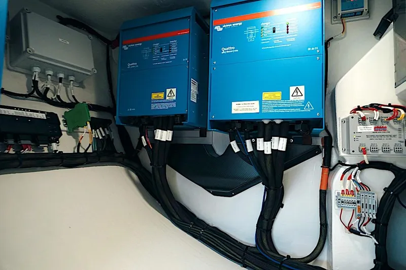 Slide: The Image of Electrical system of 2026 HH Catamarans HH60, featuring blue power inverters and wiring. - 53