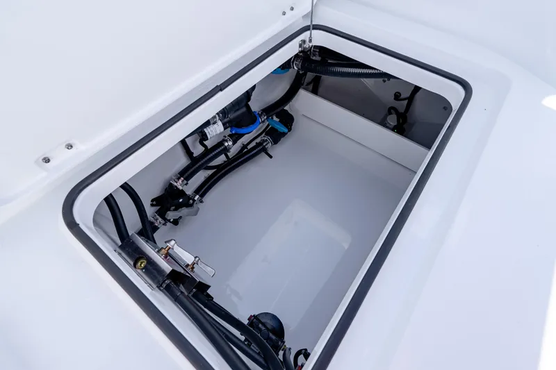 Slide: The Image of Open hatch of 2026 Freeman 35 boat showing internal wiring and components. - 43
