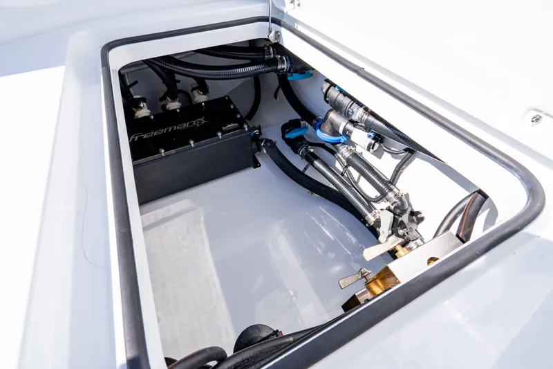 Slide: The Image of Freeman 35 boat engine compartment with mechanical components, 2026 model. - 44