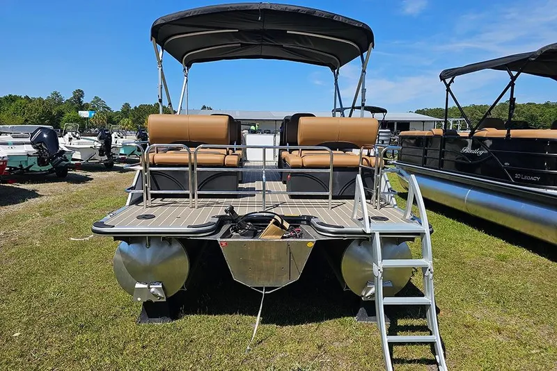 Slide: The Image of 2026 Bentley Pontoons Legacy 223 QSB on display, featuring spacious seating and canopy. - 9