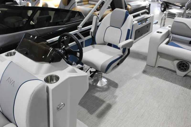 Slide: The Image of 2026 Avalon 2385 25 Venture 85 VRB boat interior with steering console and seating. - 11