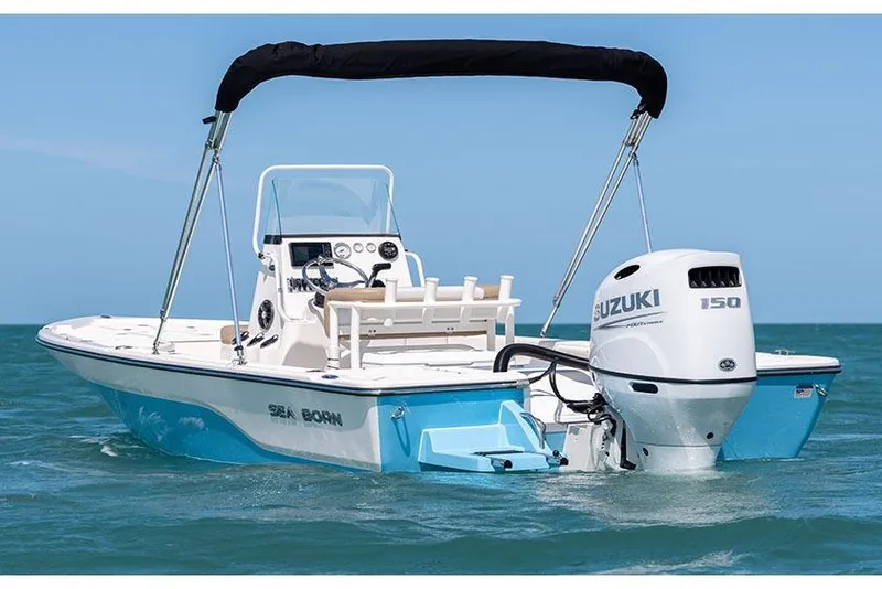Slide: The Image of Manufacturer Provided Image: 2025 Sea Born FX21 Bay boat with Suzuki 150 engine on open water. - 2