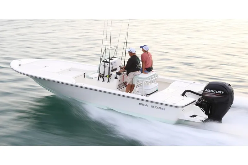 Slide: The Image of Manufacturer Provided Image: 2025 Sea Born FX22 Bay boat cruising on water with two passengers. - 2