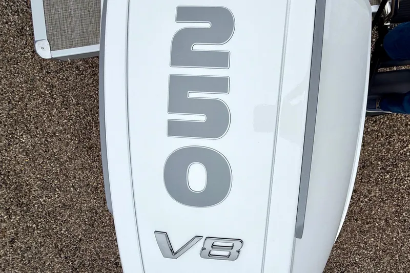 Slide: The Image of Close-up of 250 V8 engine on 2026 Tahoe Pontoon Cascade 25' VRL. - 13