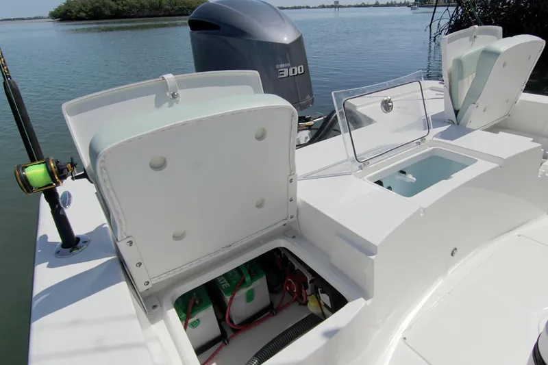 Slide: The Image of Manufacturer Provided Image: 2025 Sea Born FX24 Bay boat with open storage compartments and powerful outboard motor. - 7