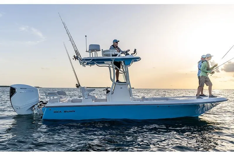 The Image of Manufacturer Provided Image: 2025 Sea Born FX25 Bay boat with anglers fishing at sunset on the water. - 0