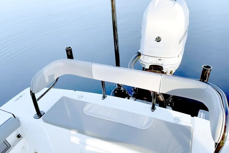 Slide: The Image of Manufacturer Provided Image: 2025 Sea Born FX25 Bay boat with outboard motor on calm water. - 7