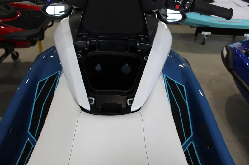 Slide: The Image of 2026 Yamaha WaveRunner FX HO jet ski, blue and white design, close-up view. - 5