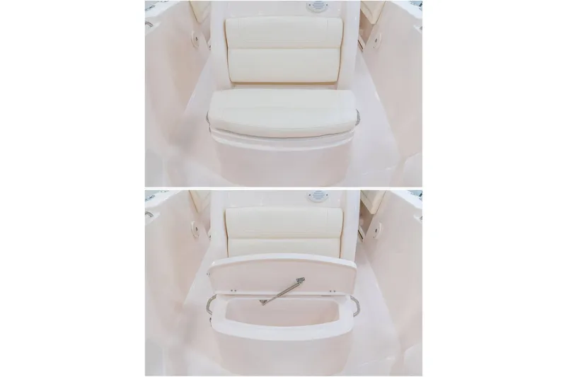 Slide: The Image of 2026 Grady-White Fisherman 236 boat seat with storage compartment open and closed. - 11