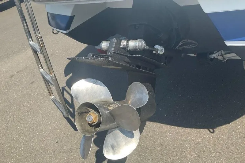 Slide: The Image of Rear view of a 2000 Cobalt 226 boat propeller and ladder. - 14