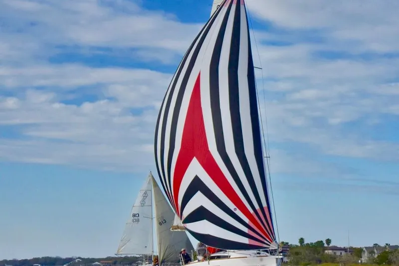 Slide: The Image of 2019 Jeanneau Sun Odyssey 349 sailing with vibrant striped spinnaker against a blue sky. - 3