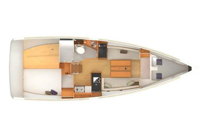 Slide: The Image of Manufacturer Provided Image: 2019 Jeanneau Sun Odyssey 349 interior layout, featuring cabins, kitchen, and living area. - 9