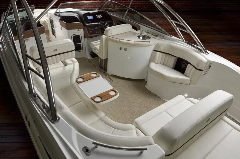 Slide: The Image of Manufacturer Provided Image: Luxurious interior of a 2017 Cobalt R35 boat with plush seating and modern amenities. - 3