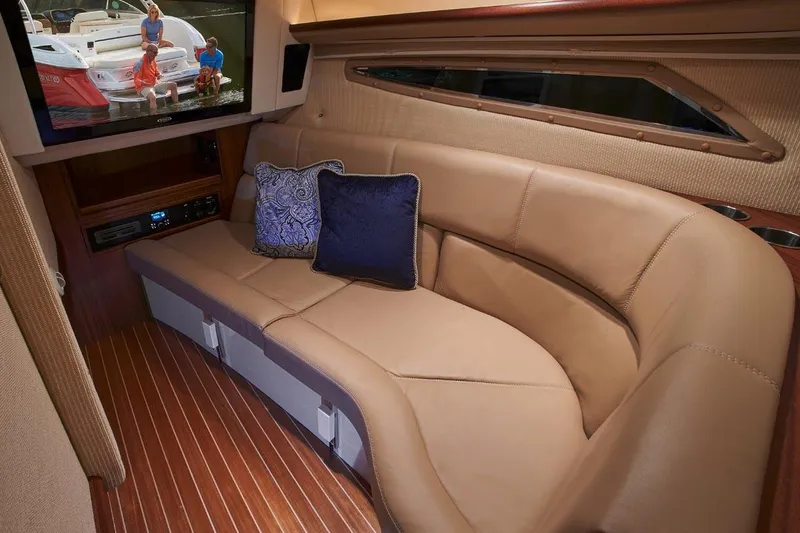 Slide: The Image of Manufacturer Provided Image: Luxurious interior of 2017 Cobalt R35 boat with leather seating and TV. - 6