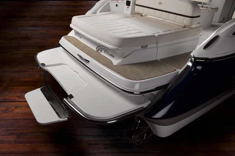 Slide: The Image of Manufacturer Provided Image: 2017 Cobalt R35 boat with extended swim platform and cushioned seating. - 7