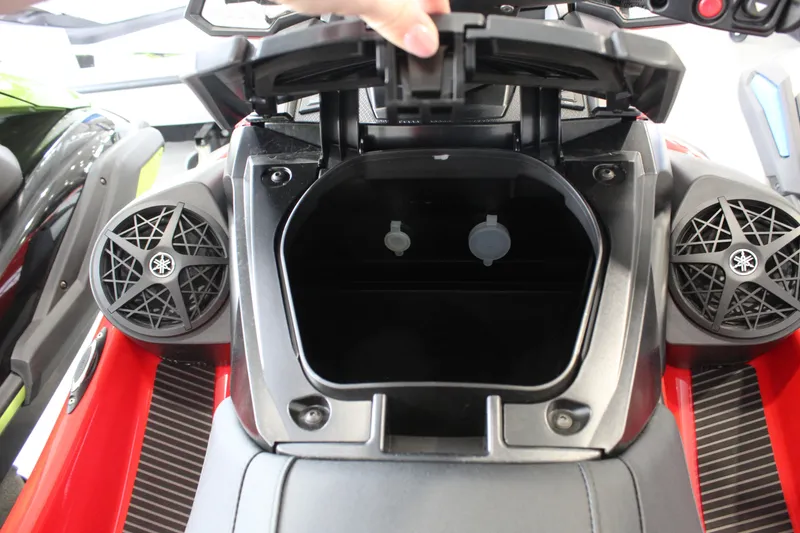Slide: The Image of 2026 Yamaha WaveRunner VX Cruiser storage compartment with speakers, open for viewing. - 5
