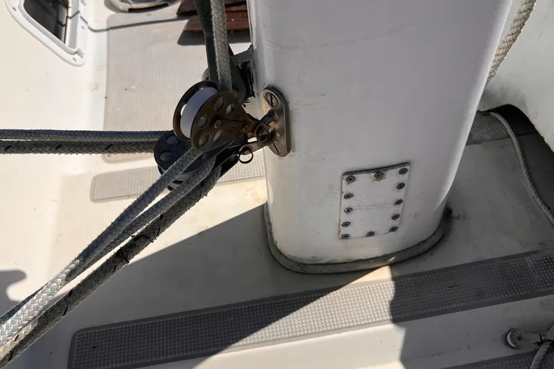 Slide: The Image of Close-up of rigging on a 1983 Westsail 42 Center Cockpit sailboat deck. - 14