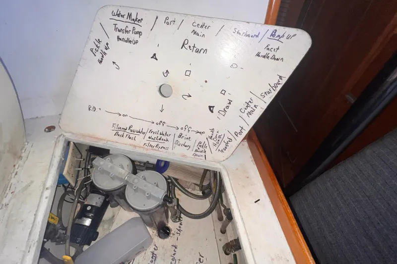 Slide: The Image of Control panel of a 1983 Westsail 42 Center Cockpit with labeled water system components. - 54