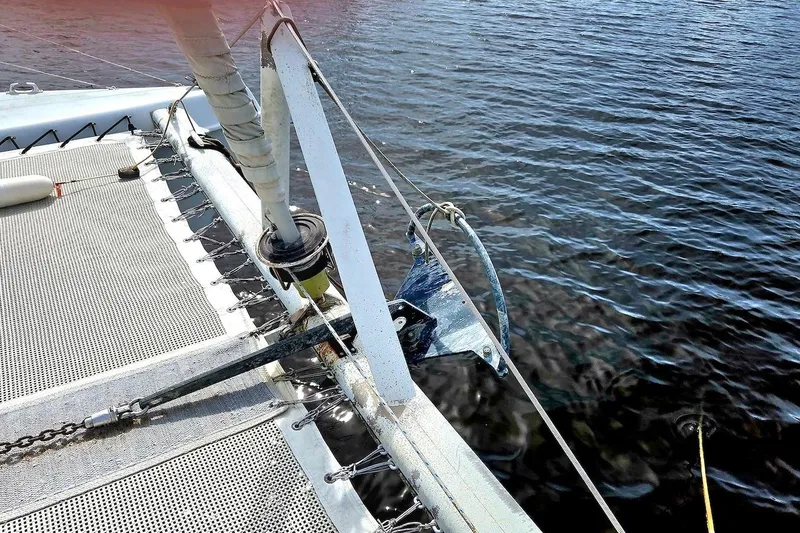 Slide: The Image of Catamaran St. Francis 43 (1995) deck view with water in the background. - 12