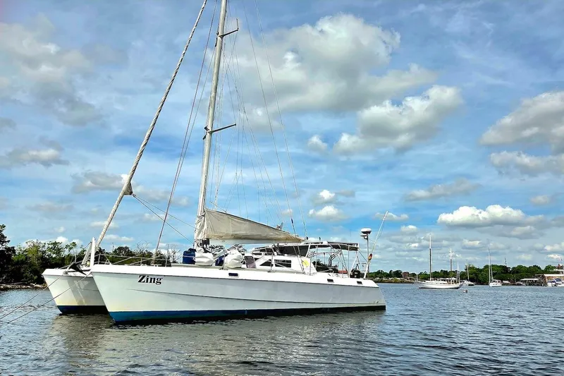 Slide: The Image of Catamaran St. Francis 43, 1995 model, anchored on a calm, scenic waterway. - 2