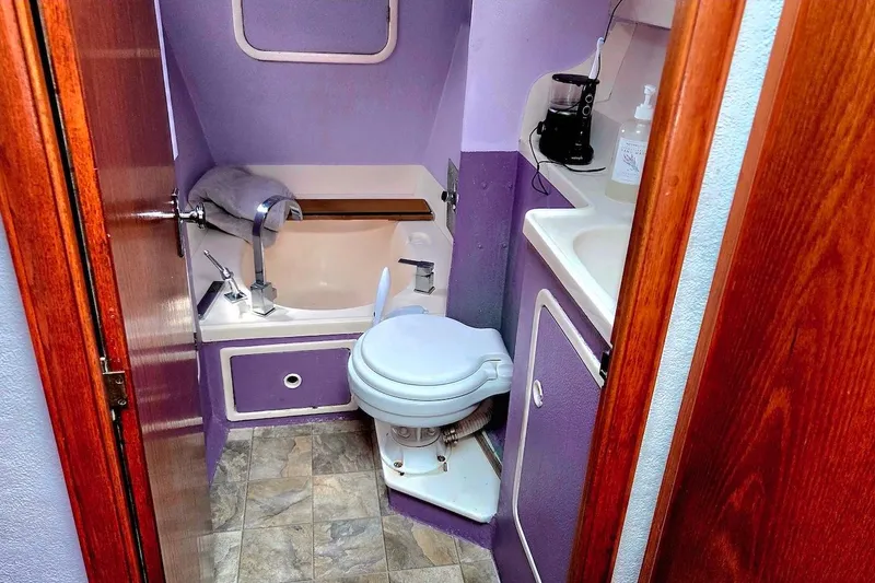 Slide: The Image of Compact bathroom in 1995 Catamaran St. Francis 43 with purple accents and wooden door. - 36